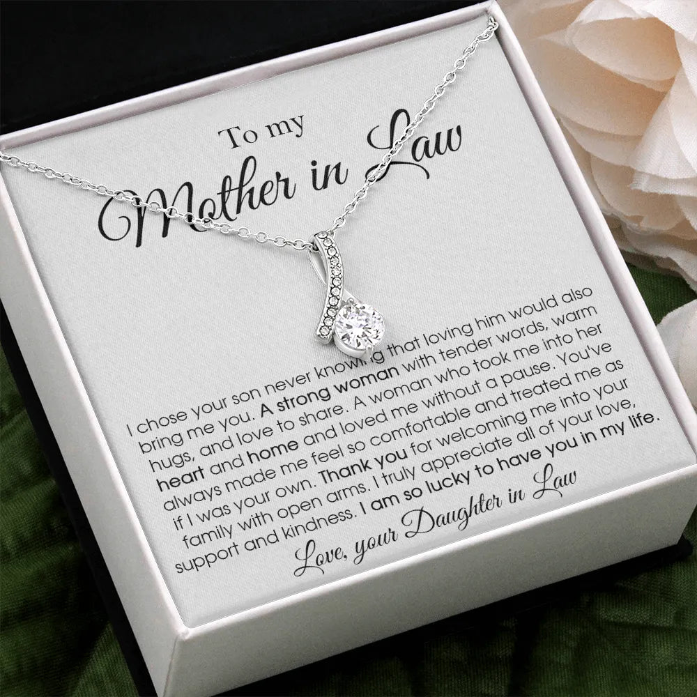 Mother in Law Necklace | Elegant Ribbon Pendant with Cubic Zirconia | 14k White Gold Over Stainless Steel | Heartfelt Gift fr