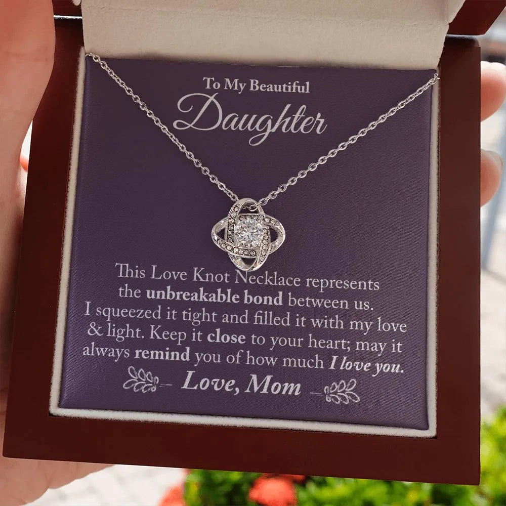 Love Knot Necklace for Daughter | Unbreakable Bond Message Card Jewelry | 14k White Gold Finish Pendant | Meaningful Birthday