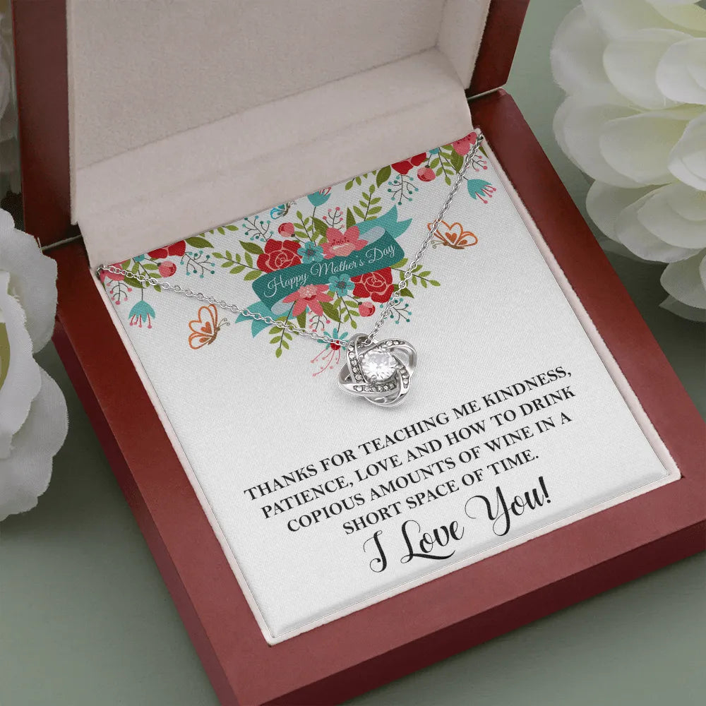 Love Knot Necklace for Mom | Funny Wine Quote Gift | 14k White Gold Over Stainless Steel | Meaningful Mother's Day 2026 Jewel