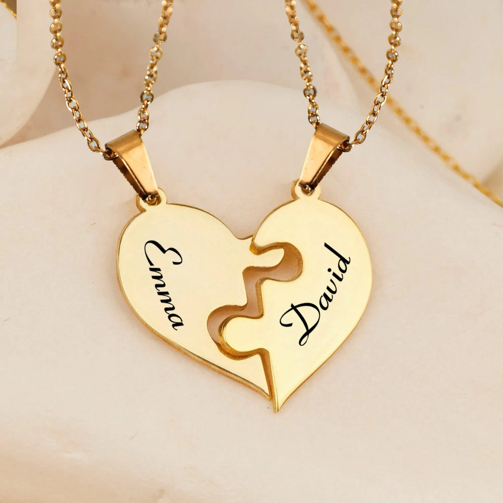 Personalized Heart Puzzle Necklace | Matching Couple Names Pendant | Premium Stainless Steel Jewelry | Romantic Anniversary G