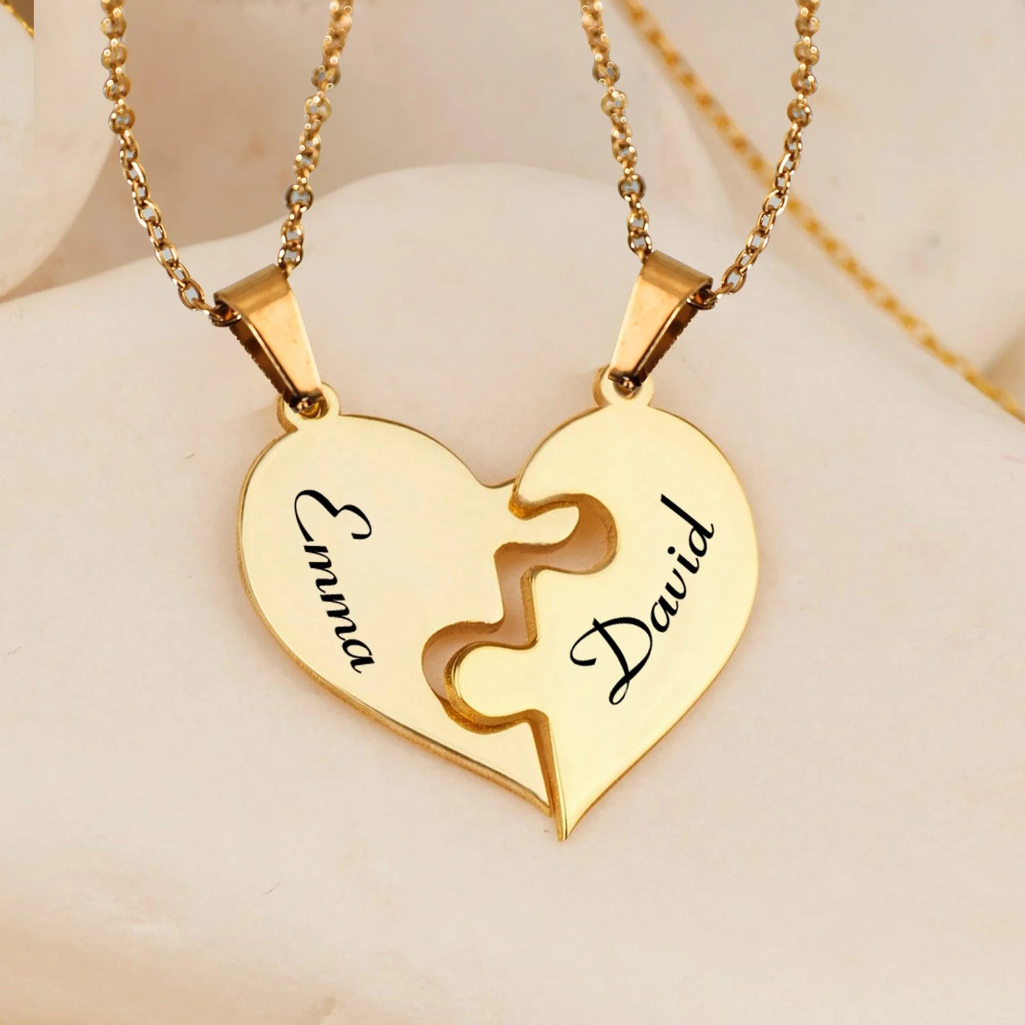 Personalized Heart Puzzle Necklace | Matching Couple Names Pendant | Premium Stainless Steel Jewelry | Romantic Anniversary G