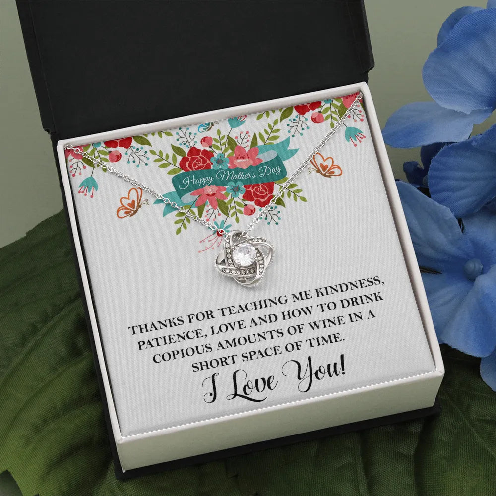 Love Knot Necklace for Mom | Funny Wine Quote Gift | 14k White Gold Over Stainless Steel | Meaningful Mother's Day 2026 Jewel