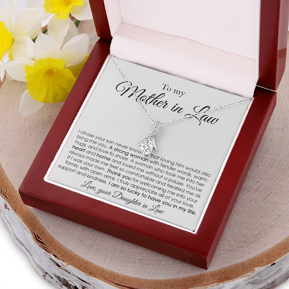 Mother in Law Necklace | Elegant Ribbon Pendant with Cubic Zirconia | 14k White Gold Over Stainless Steel | Heartfelt Gift fr