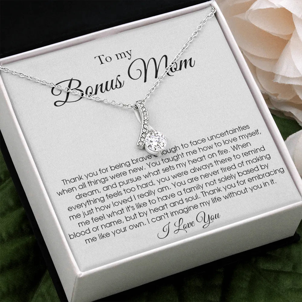 Bonus Mom Necklace | Heartfelt Message Card Gift | 14k White Gold Over Stainless Steel | Meaningful Jewelry for Stepmom Birth